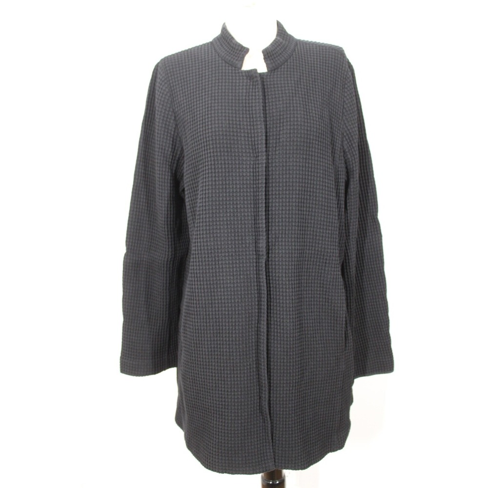 Eileen Fisher XL Black Waffle Texture Snap-Front Mid-Length Coat Jacket